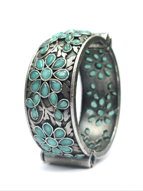 Floral-Art-Silver-Replica-Stone-Work-Oxidised-Bangle-Kada-For-Girls