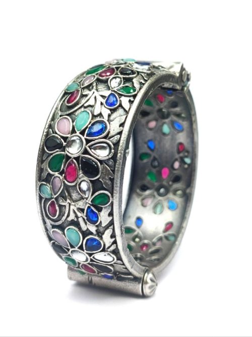 Floral-Art-Silver-Replica-Stone-Work-Oxidised-Bangle-Kada-For-Girls