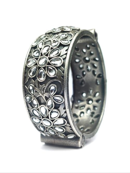 Floral-Art-Silver-Replica-Stone-Work-Oxidised-Bangle-Kada-For-Girls