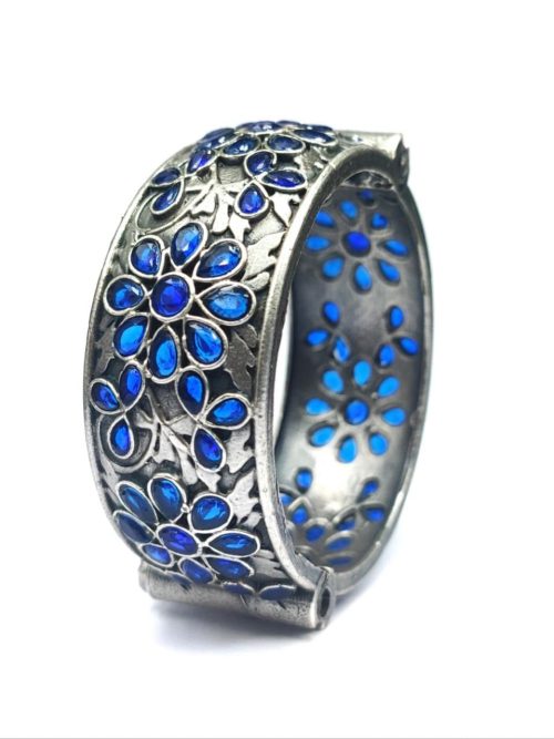 Floral-Art-Silver-Replica-Stone-Work-Oxidised-Bangle-Kada-For-Girls