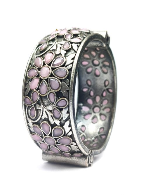 Floral-Art-Silver-Replica-Stone-Work-Oxidised-Bangle-Kada-For-Girls