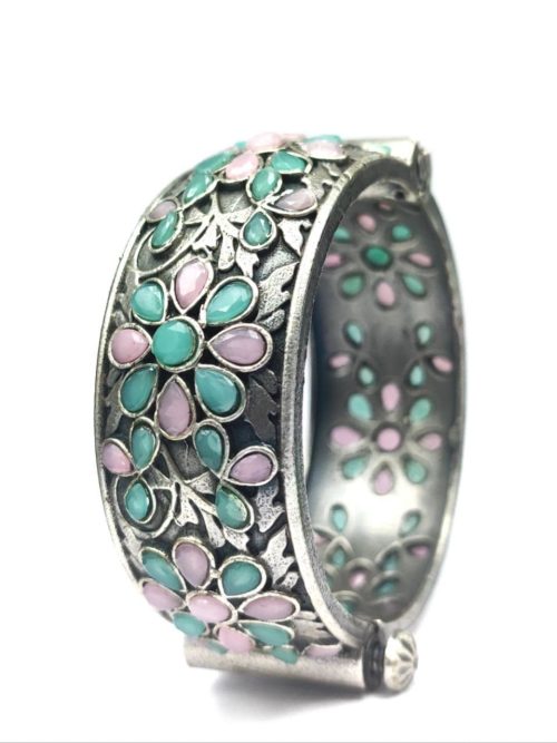 Floral-Art-Silver-Replica-Stone-Work-Oxidised-Bangle-Kada-For-Girls
