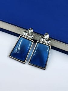Premium Quality Monalisa Stone Jewellery - Oxidised Silver Replica Stone Stud Earrings - Color: "Blue"