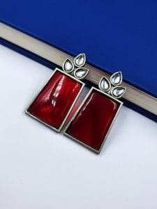 Premium Quality Monalisa Stone Jewellery - Oxidised Silver Replica Stone Stud Earrings - Color: "Red"