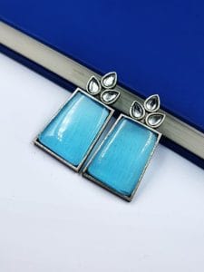 Premium Quality Monalisa Stone Jewellery - Oxidised Silver Replica Stone Stud Earrings - Color: "Aqua"