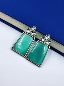 Premium Quality Monalisa Stone Jewellery - Oxidised Silver Replica Stone Stud Earrings - Color: "Mint"