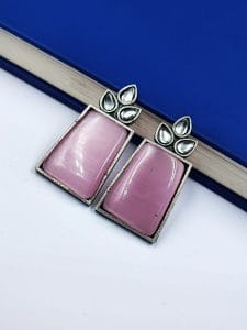 Premium Quality Monalisa Stone Jewellery - Oxidised Silver Replica Stone Stud Earrings - Color: "Baby Pink"
