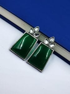 Premium Quality Monalisa Stone Jewellery - Oxidised Silver Replica Stone Stud Earrings - Color: "Green"