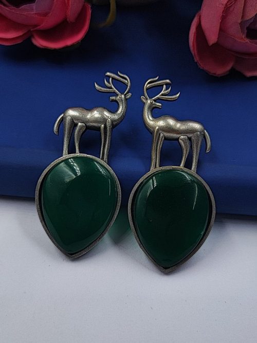Premium-Design-of-Deer-Silver-Replica-Monalisa-Stone-Stud-Dangler-Earrings