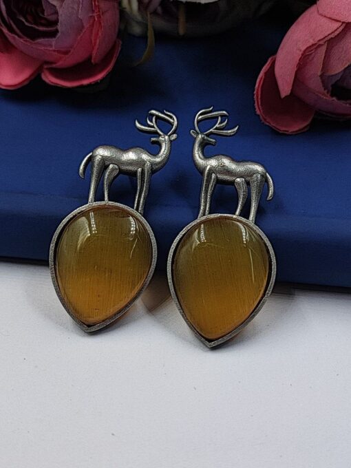 Premium-Design-of-Deer-Silver-Replica-Monalisa-Stone-Stud-Dangler-Earrings