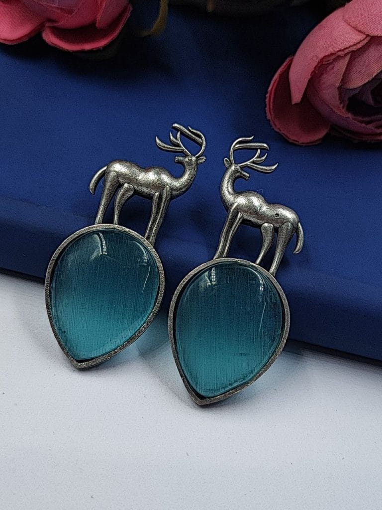 Premium Design of Deer Silver Replica Monalisa Stone Stud Dangler Earrings