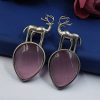 Premium-Design-of-Deer-Silver-Replica-Monalisa-Stone-Stud-Dangler-Earrings