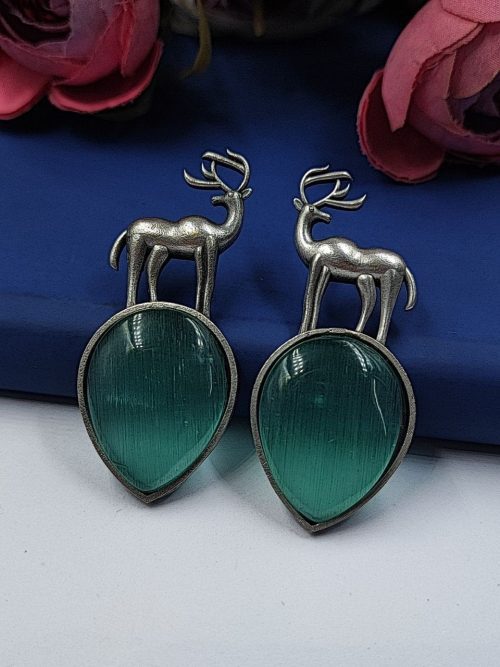 Premium-Design-of-Deer-Silver-Replica-Monalisa-Stone-Stud-Dangler-Earrings