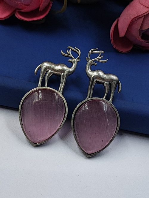 Premium-Design-of-Deer-Silver-Replica-Monalisa-Stone-Stud-Dangler-Earrings