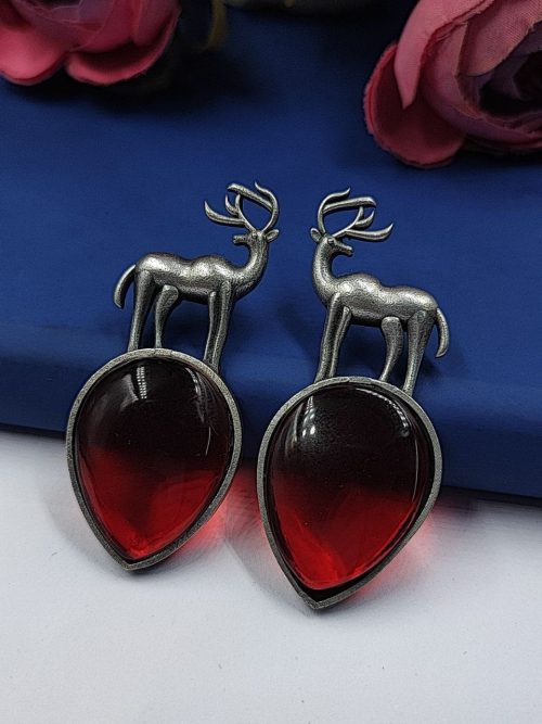 Premium-Design-of-Deer-Silver-Replica-Monalisa-Stone-Stud-Dangler-Earrings