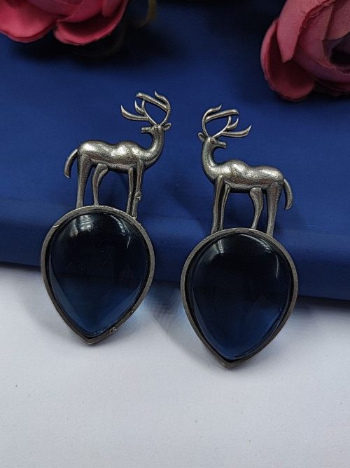 Premium-Design-of-Deer-Silver-Replica-Monalisa-Stone-Stud-Dangler-Earrings