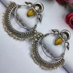 HandMade Silver Replica Chandbali Monalisa Stone Stud Dangler Earrings with Pearl Work - "Yellow"
