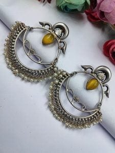 HandMade Silver Replica Chandbali Monalisa Stone Stud Dangler Earrings with Pearl Work - Color: "Yellow"