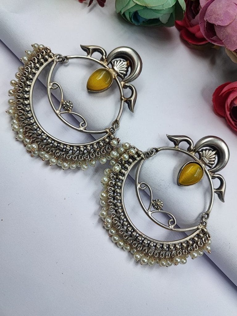 Bulk 698 HandMade Silver Replica Chandbali Monalisa Stone Stud Dangler Earrings with Pearl Work - "Yellow"
