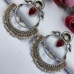 HandMade Silver Replica Chandbali Monalisa Stone Stud Dangler Earrings with Pearl Work - "Red"