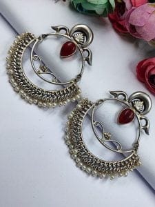 HandMade Silver Replica Chandbali Monalisa Stone Stud Dangler Earrings with Pearl Work - Color: "Red"