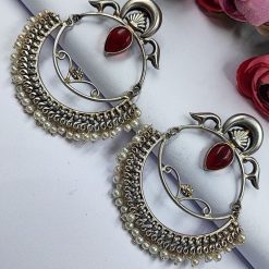 HandMade-Silver-Replica-Chandbali-Monalisa-Stone-Stud-Dangler-Earrings-with-Pearl-Work