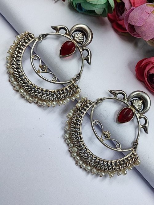 HandMade-Silver-Replica-Chandbali-Monalisa-Stone-Stud-Dangler-Earrings-with-Pearl-Work