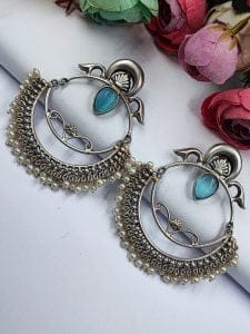 HandMade Silver Replica Chandbali Monalisa Stone Stud Dangler Earrings with Pearl Work - Color: "Aqua"