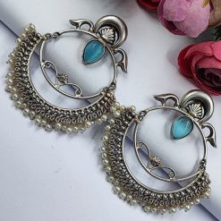 HandMade-Silver-Replica-Chandbali-Monalisa-Stone-Stud-Dangler-Earrings-with-Pearl-Work