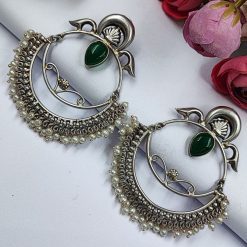 HandMade-Silver-Replica-Chandbali-Monalisa-Stone-Stud-Dangler-Earrings-with-Pearl-Work