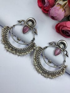 HandMade Silver Replica Chandbali Monalisa Stone Stud Dangler Earrings with Pearl Work - Color: "Baby Pink"