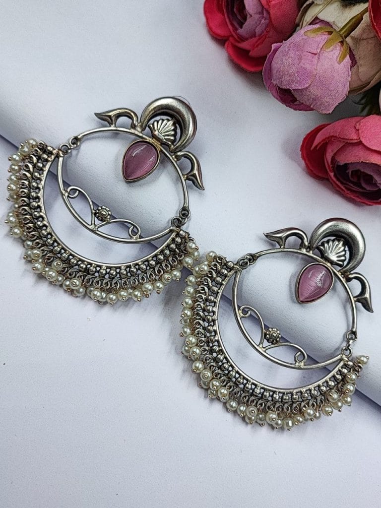 Bulk 690 HandMade Silver Replica Chandbali Monalisa Stone Stud Dangler Earrings with Pearl Work - "Baby Pink"