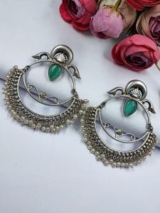 HandMade Silver Replica Chandbali Monalisa Stone Stud Dangler Earrings with Pearl Work - Color: "Mint"