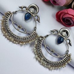 HandMade-Silver-Replica-Chandbali-Monalisa-Stone-Stud-Dangler-Earrings-with-Pearl-Work