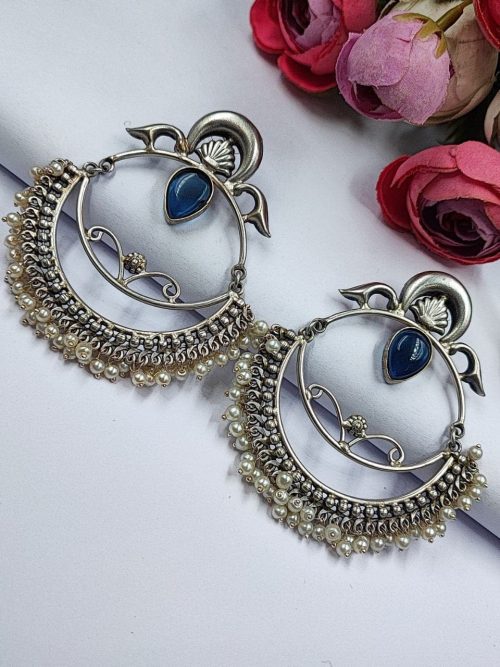 HandMade-Silver-Replica-Chandbali-Monalisa-Stone-Stud-Dangler-Earrings-with-Pearl-Work