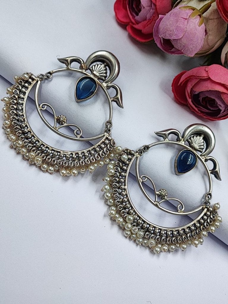 Bulk 700 HandMade Silver Replica Chandbali Monalisa Stone Stud Dangler Earrings with Pearl Work - "Green"