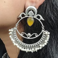 HandMade-Silver-Replica-Chandbali-Monalisa-Stone-Stud-Dangler-Earrings-with-Pearl-Work