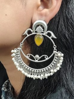 HandMade-Silver-Replica-Chandbali-Monalisa-Stone-Stud-Dangler-Earrings-with-Pearl-Work