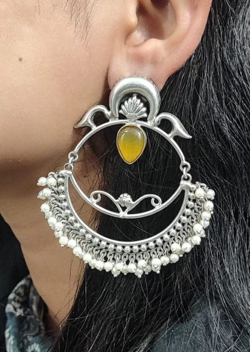 HandMade-Silver-Replica-Chandbali-Monalisa-Stone-Stud-Dangler-Earrings-with-Pearl-Work