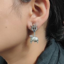 Traditional Nandi Trishul Earrings - Oxidised Silver Replica Stone Shiva Stud Earring