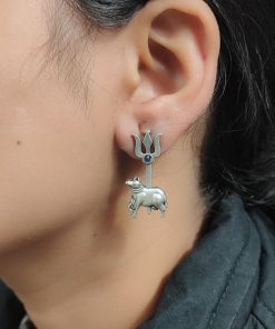 Traditional Nandi Trishul Earrings - Oxidised Silver Replica Stone Shiva Stud Earring