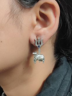 Traditional Nandi Trishul Earrings - Oxidised Silver Replica Stone Shiva Stud Earring
