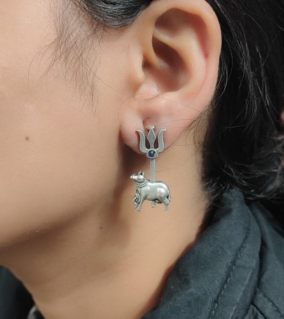 Traditional Nandi Trishul Earrings - Adorable Oxidised Silver Replica Stone Shiva Stud Earring
