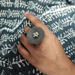 Oxidised-Ghunghru-Rings-Silver-Replica-Pearl-Work