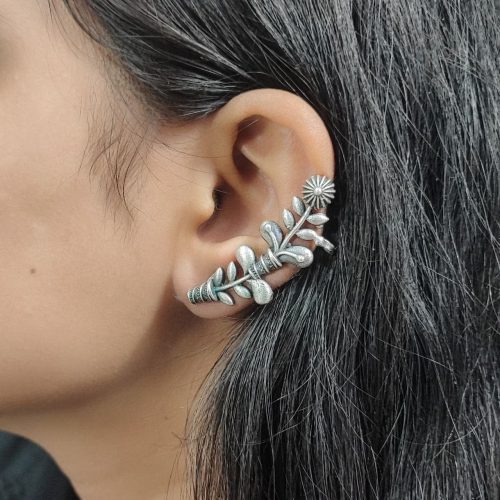 Flower-Earcuff-Earrings-Oxidised-Silver-Look-alike