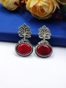 Monalisa Tree Silver Replica Stud Earrings - Silver Look alike Designer Earring - Color: "Red"