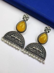 Peacock Stud Earrings - Best Silver Look alike Monalisa Stone Earring - Color: "Yellow"