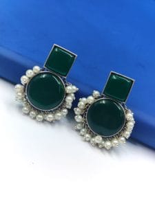 Monalisa Stone Silver Replica Stud Earrings - Silver Look alike jewelry - Color: "Green"