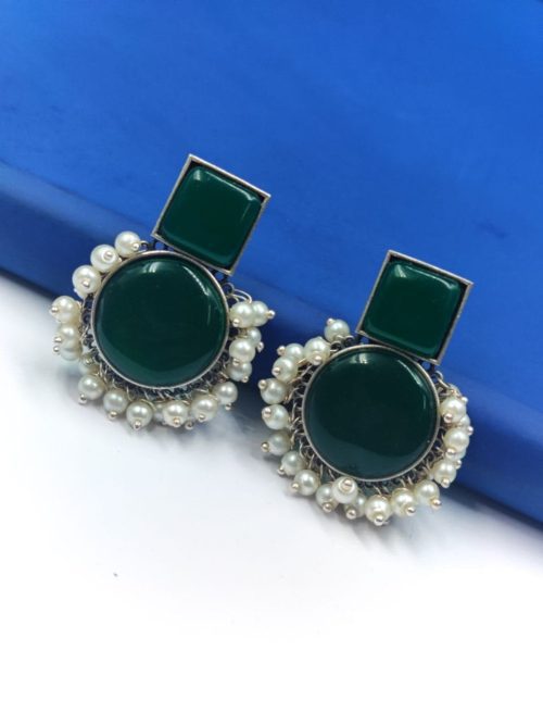 Pearl-Work-Monalisa-Stone-Silver-Replica-Stud-Earrings