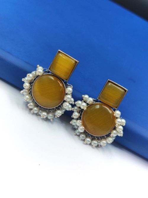 Pearl-Work-Monalisa-Stone-Silver-Replica-Stud-Earrings